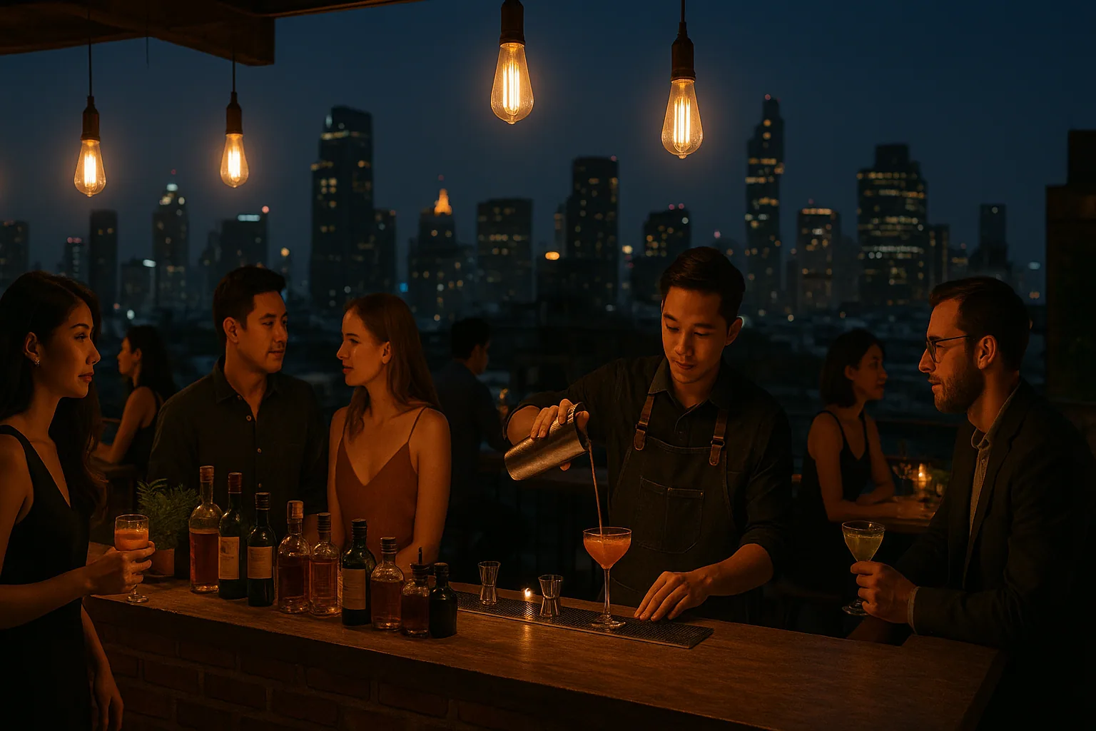 Bangkok rooftop bar with skyline views and patrons at sunset