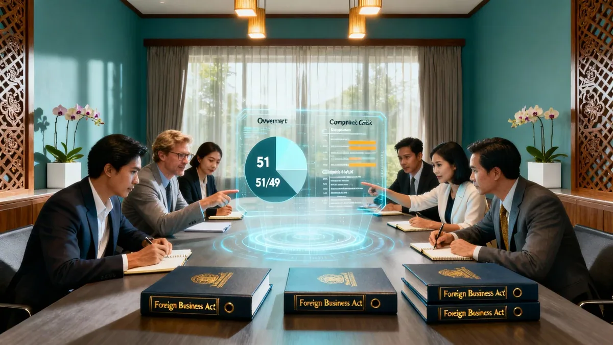 Thai and foreign business partners reviewing a 51/49 ownership chart with Foreign Business Act documents on a conference table