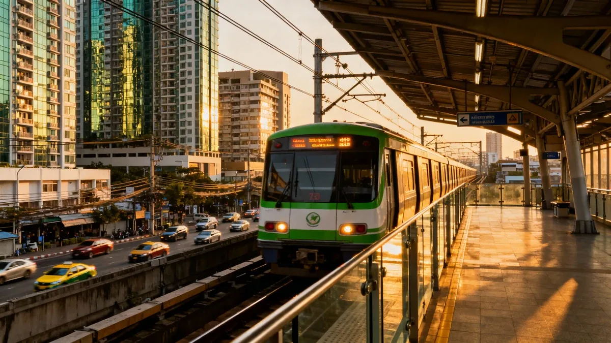 Bangkok BTS Skytrain station platform with modern train arriving, surrounded by high-rise condominiums and busy street below
