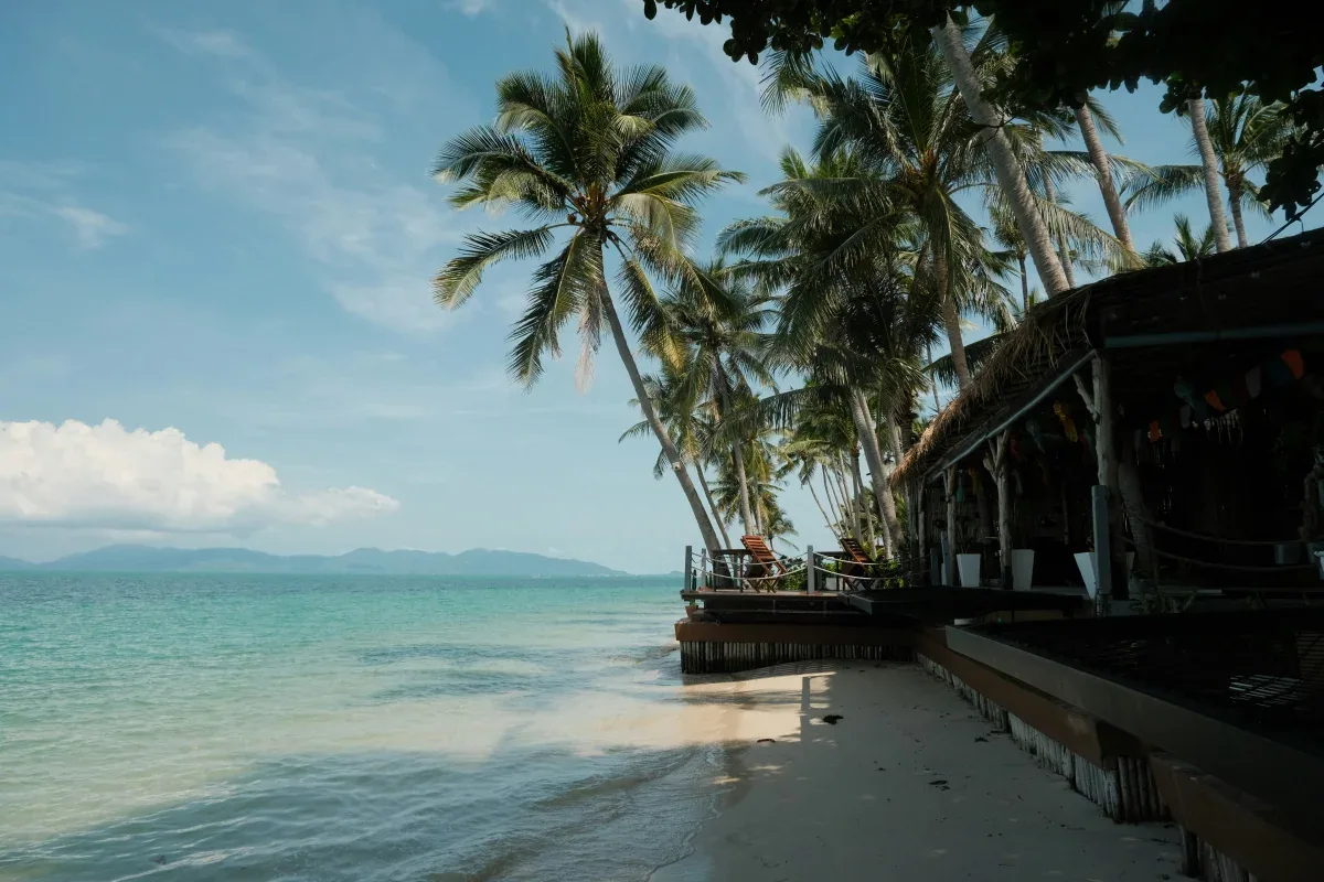 Beachfront restaurant on Koh Samui with wooden deck overlooking calm turquoise waters, tall coconut palms leaning over beach, and mountain silhouettes across the bay