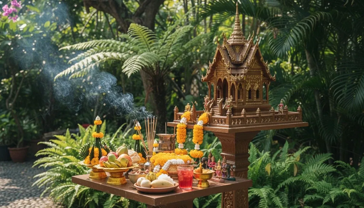 Traditional Thai spirit house with daily offerings of food, flowers, and incense in a lush garden setting