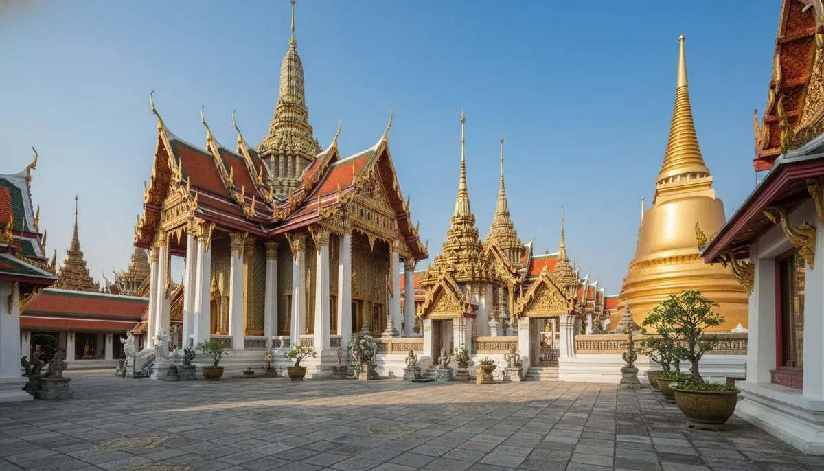 Ornate Thai Buddhist temple (wat) with golden spires, red and gold roofing, and traditional architecture under clear blue sky