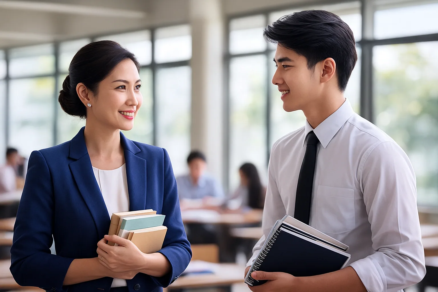 Modern Thai office setting showing professional interactions with proper use of titles and names in business context