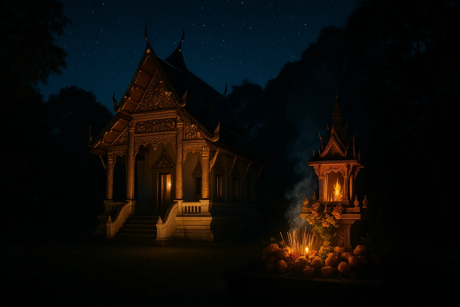 Atmospheric Thai temple at dusk with spirit house and traditional architecture shrouded in mist