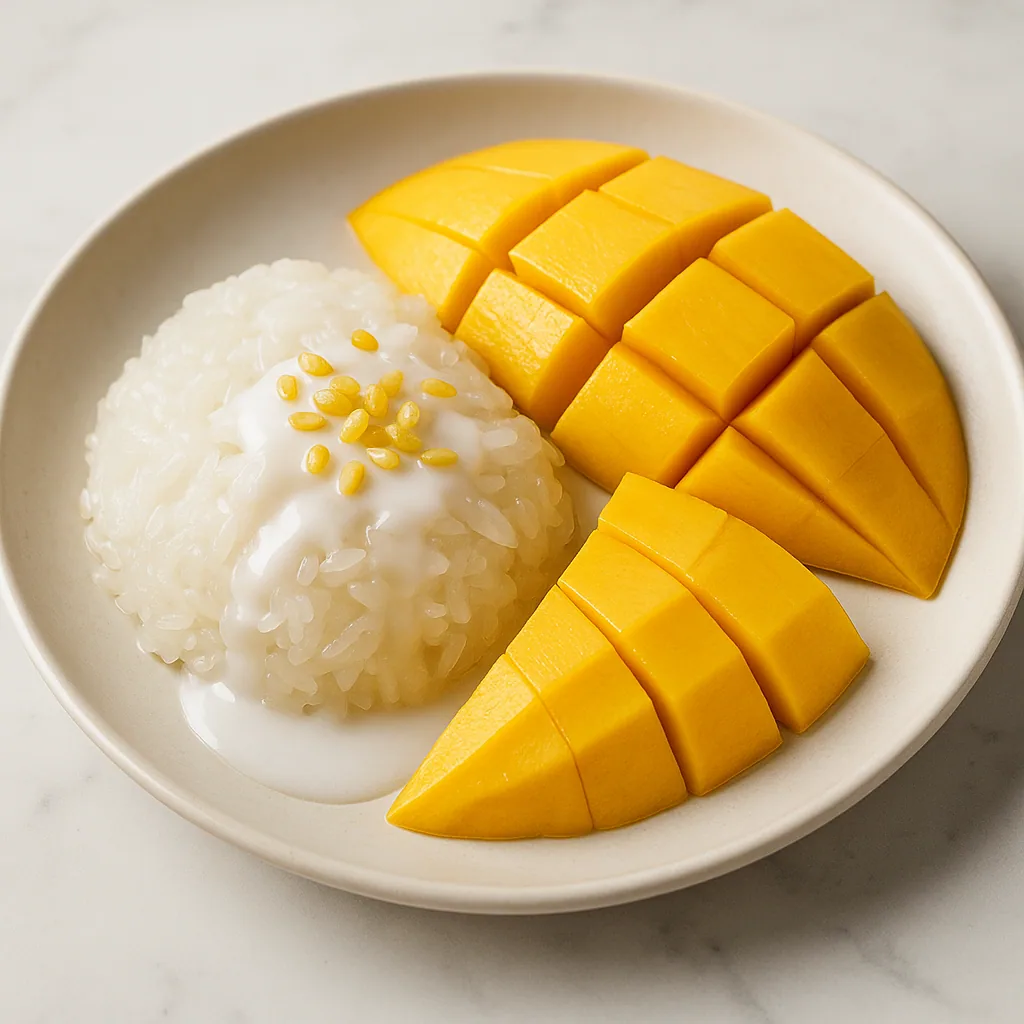 Classic mango sticky rice dessert with coconut cream and sesame seeds
