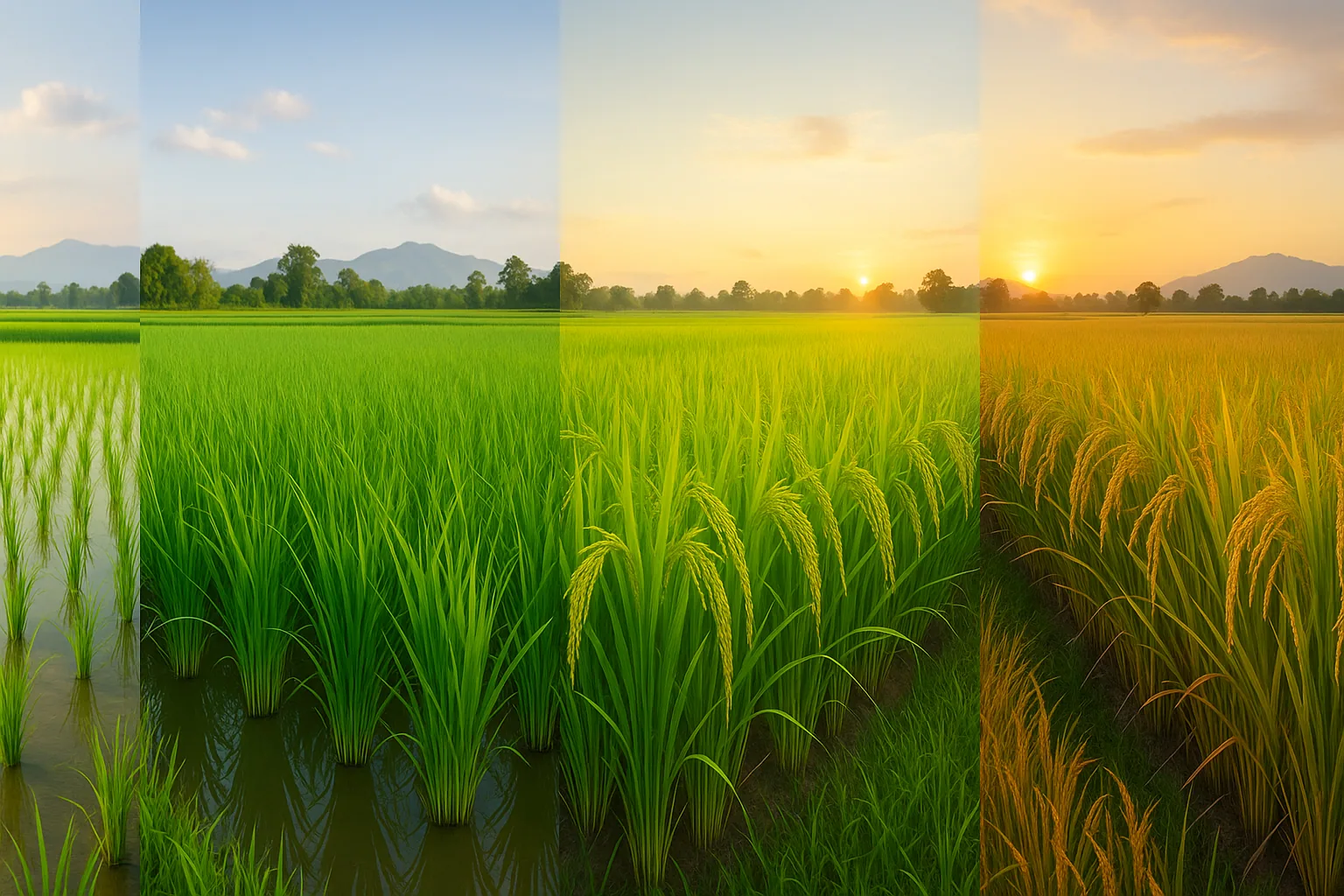 Rice fields at golden hour showing different growth stages ready for harvest