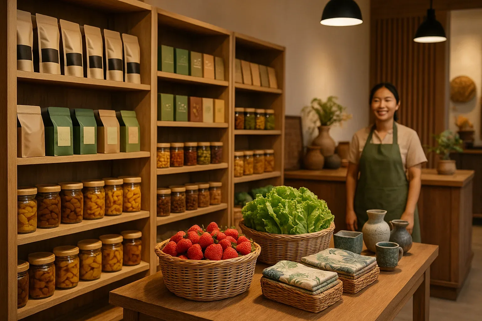 Display of Royal Project Foundation products including premium coffee, organic vegetables, fresh produce and specialty items supporting hill tribe communities