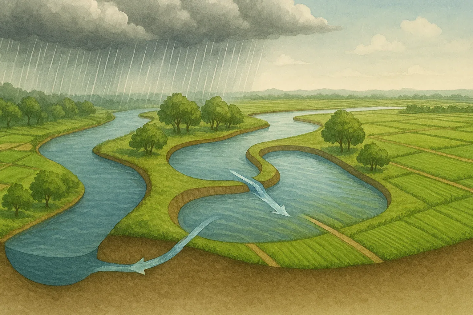 Cross-section illustration of Thai floodplain showing Kaem Ling (monkey cheek) water retention system with large basins storing monsoon rain for dry season use