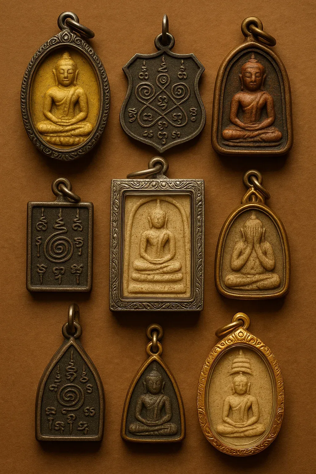 Collection of nine traditional Thai Buddha amulets in various metallic frames and designs, arranged in three rows