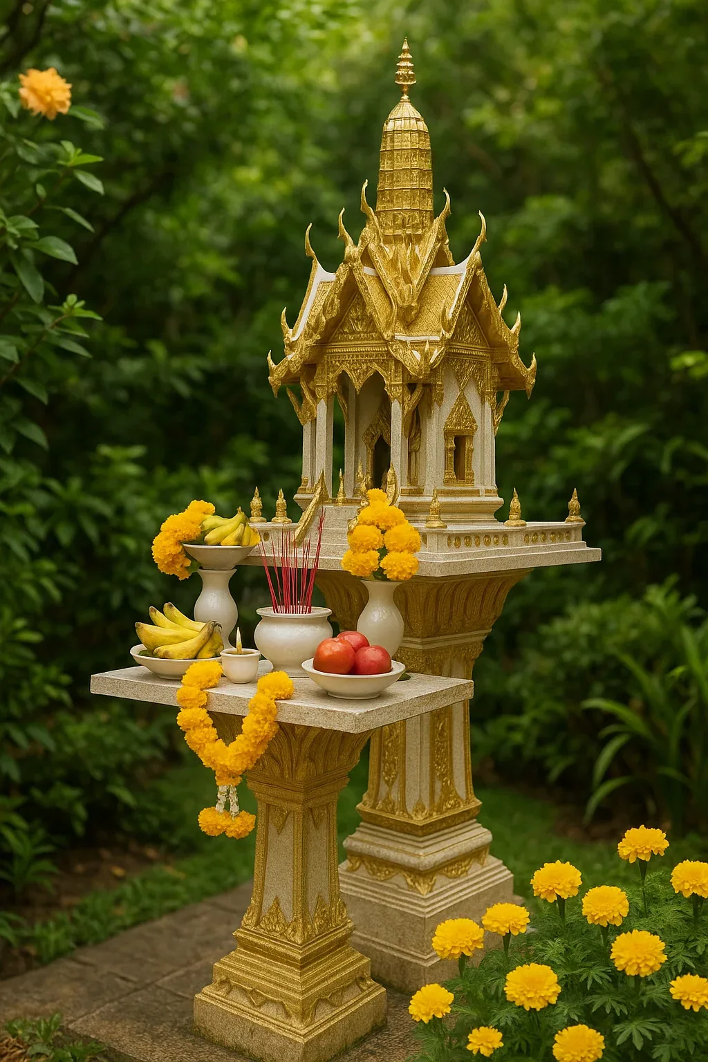 Golden Thai spirit house adorned with marigold garlands and traditional fruit offerings in lush garden