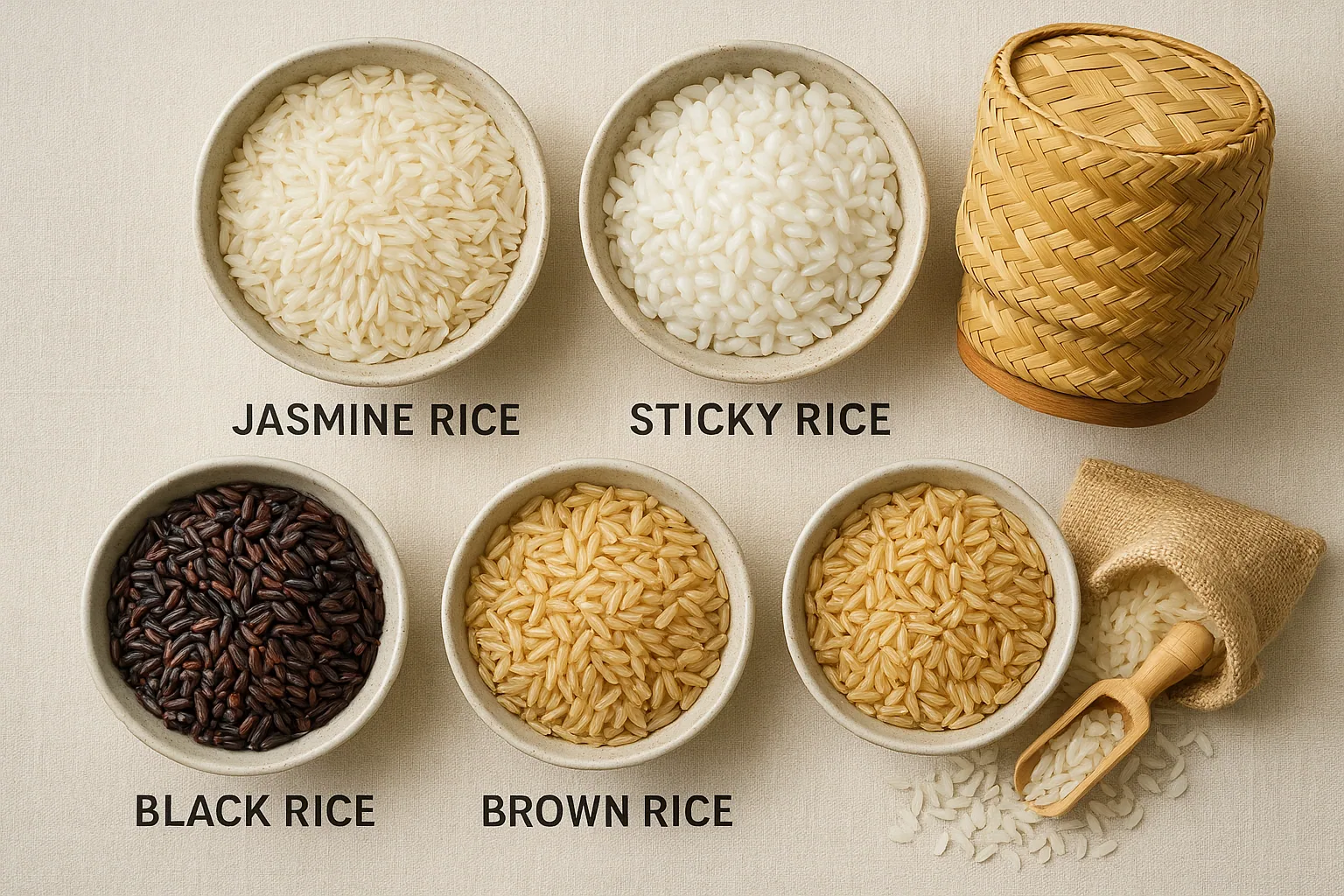 Various Thai rice types showcased with labels and descriptions