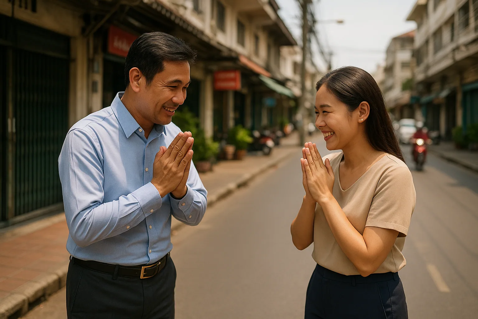 Man and woman performing traditional wai greeting on city street, demonstrating everyday respectful interaction and body language in Thai culture