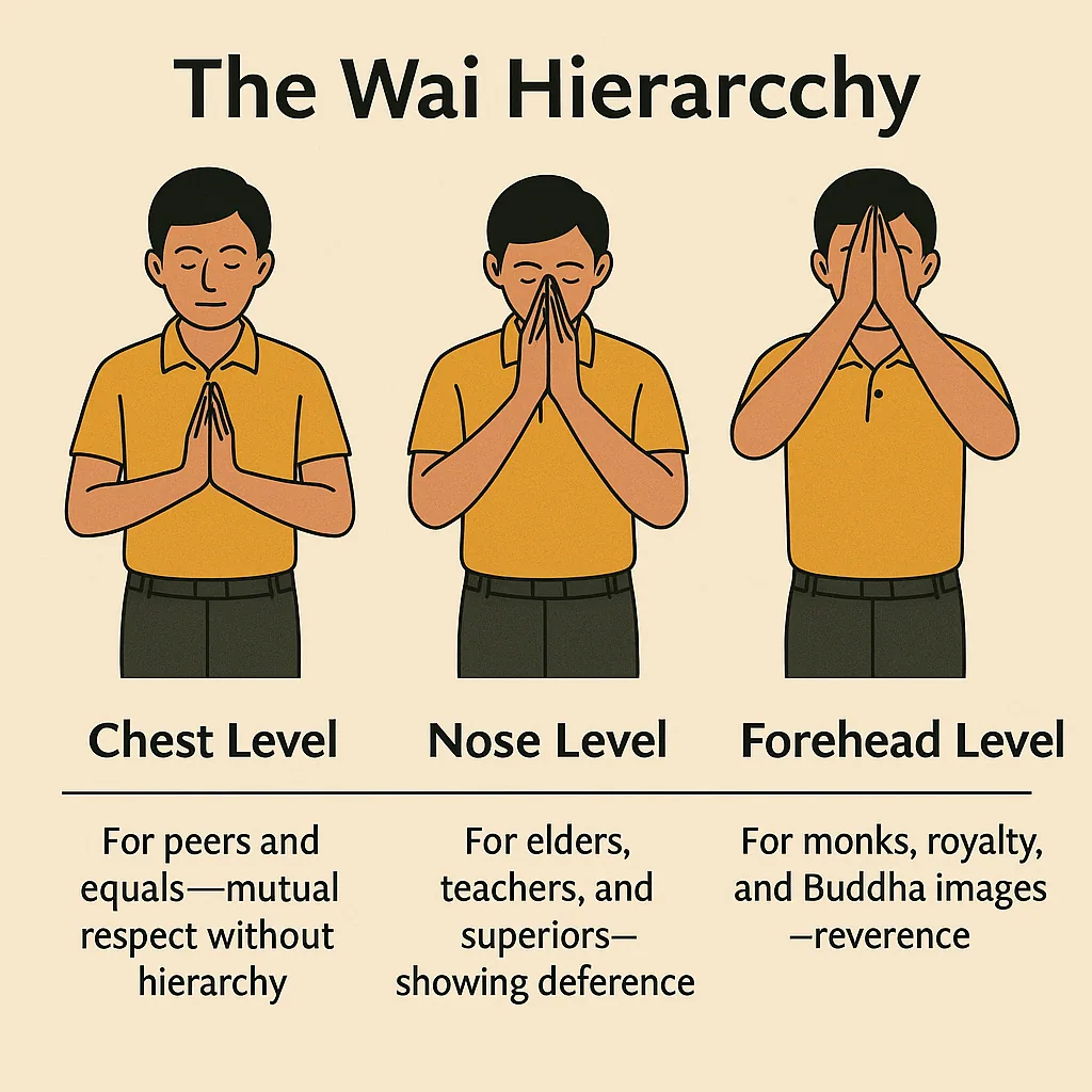 The wai hierarchy showing chest level for peers, nose level for elders and teachers, and forehead level for monks and royalty