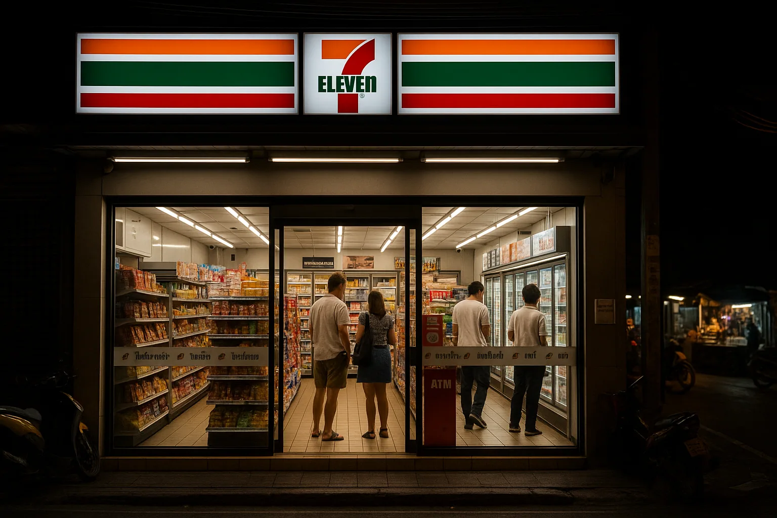7-Eleven convenience store at night in Bangkok, brightly lit, with customers inside