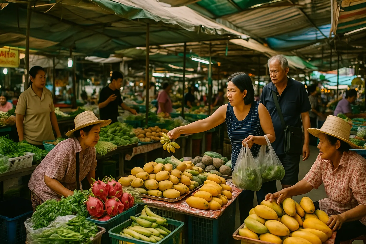 Thai local fresh market with vendors selling produce, street food, and daily goods, busy with local shoppers