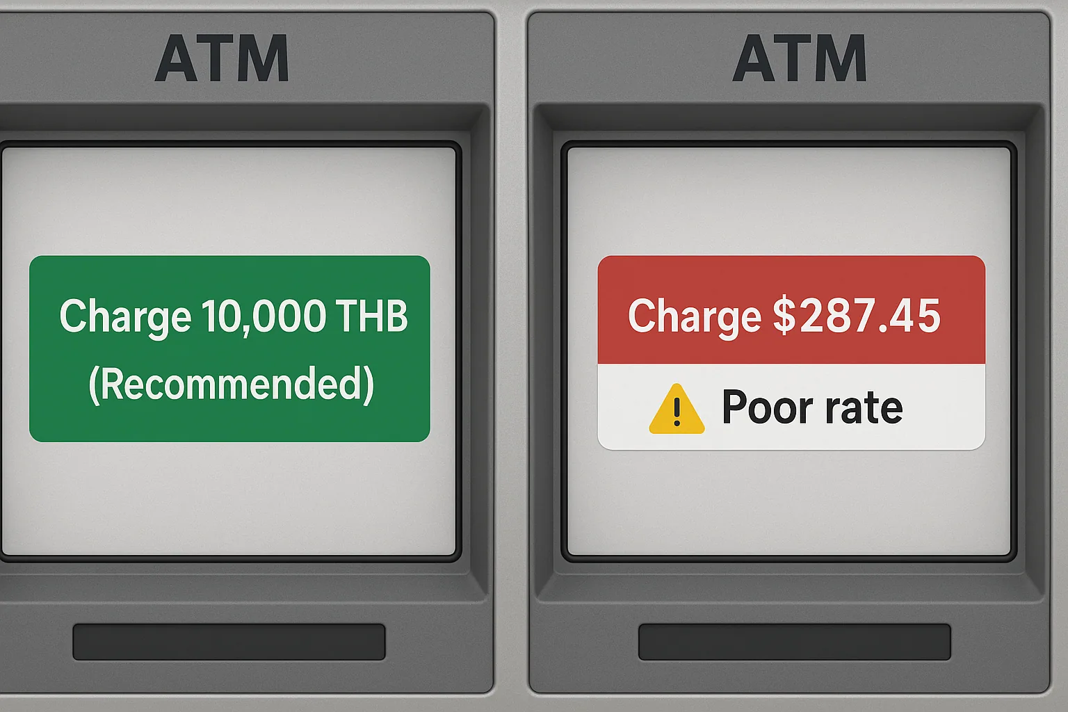 ATM screen comparison showing charge in Thai baht versus charge in home currency with warning