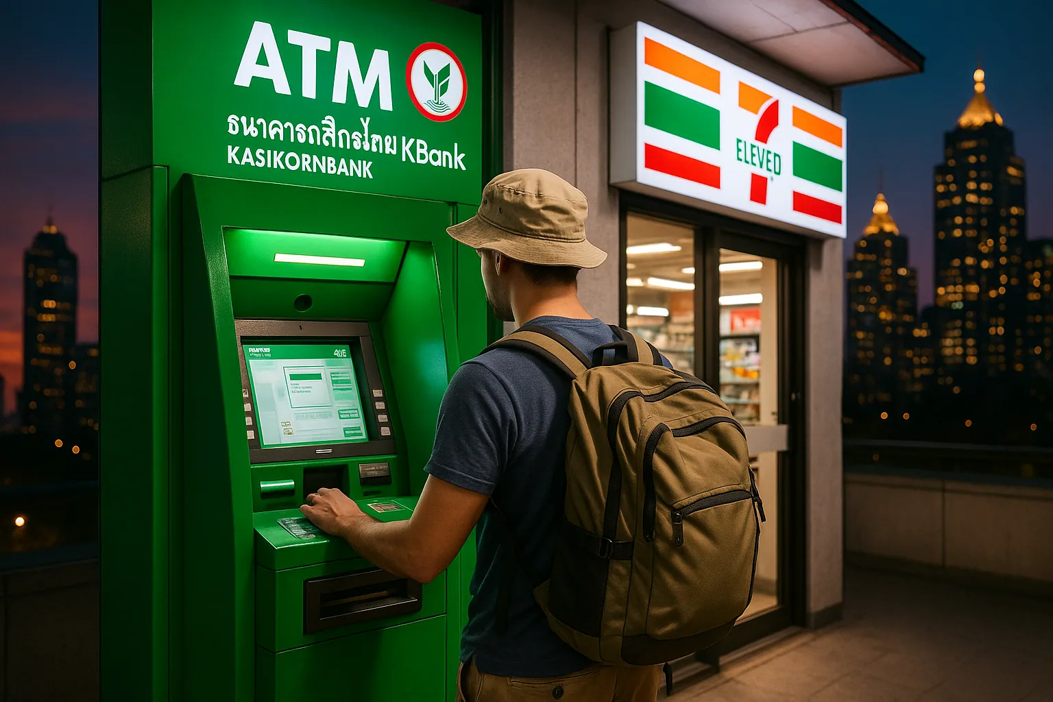 Customer covering the keypad while withdrawing cash from an indoor Kasikorn ATM