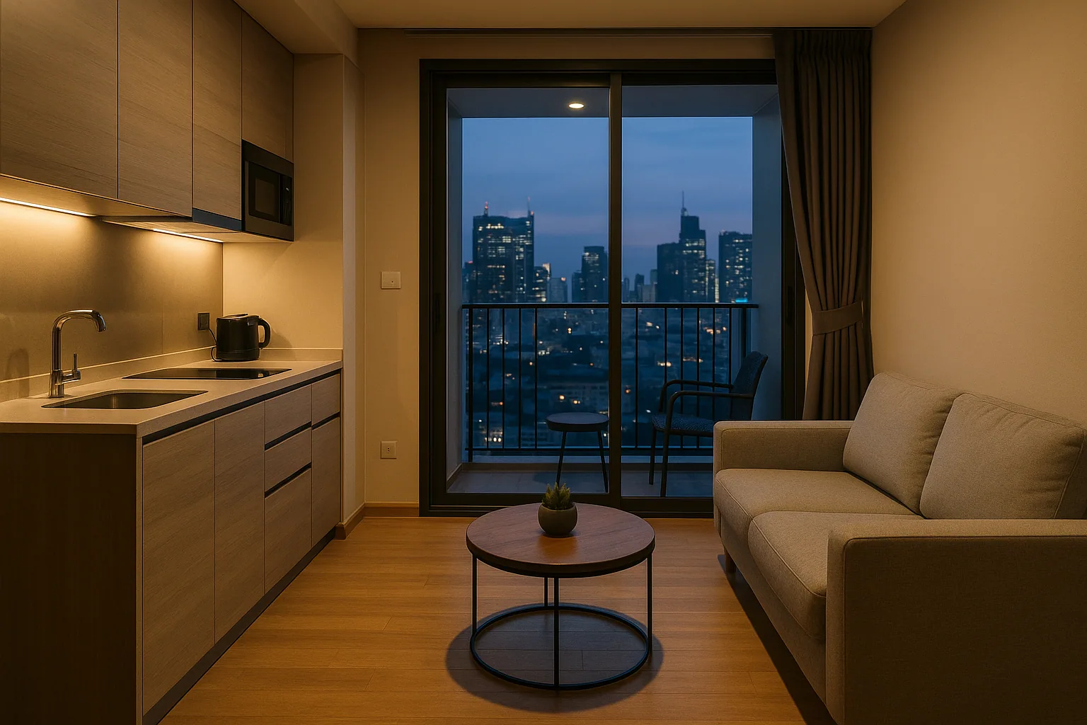 Compact modern studio apartment with city skyline view at night representing affordable urban living