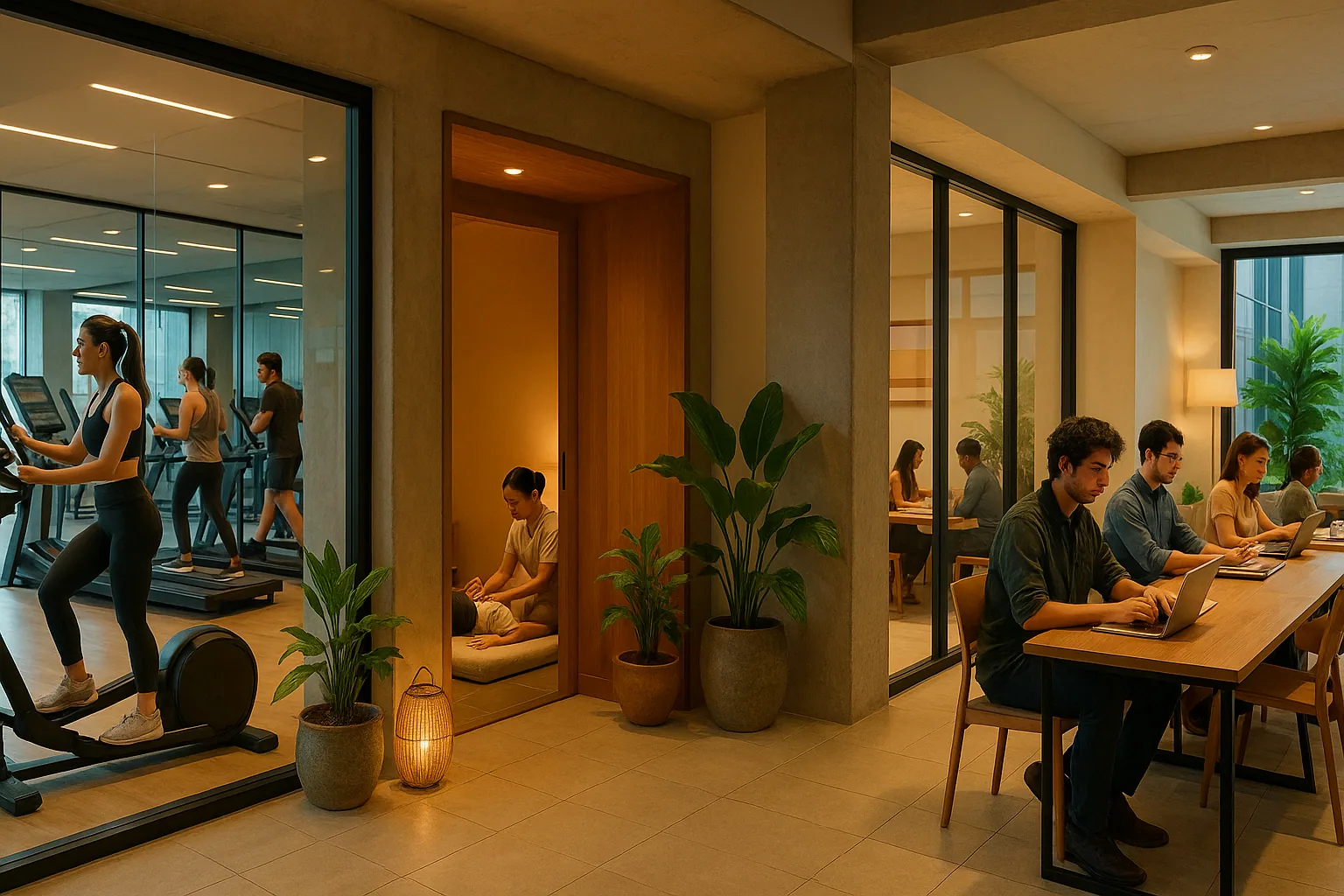 Modern condominium amenities including gym, meditation space, and coworking areas representing lifestyle costs