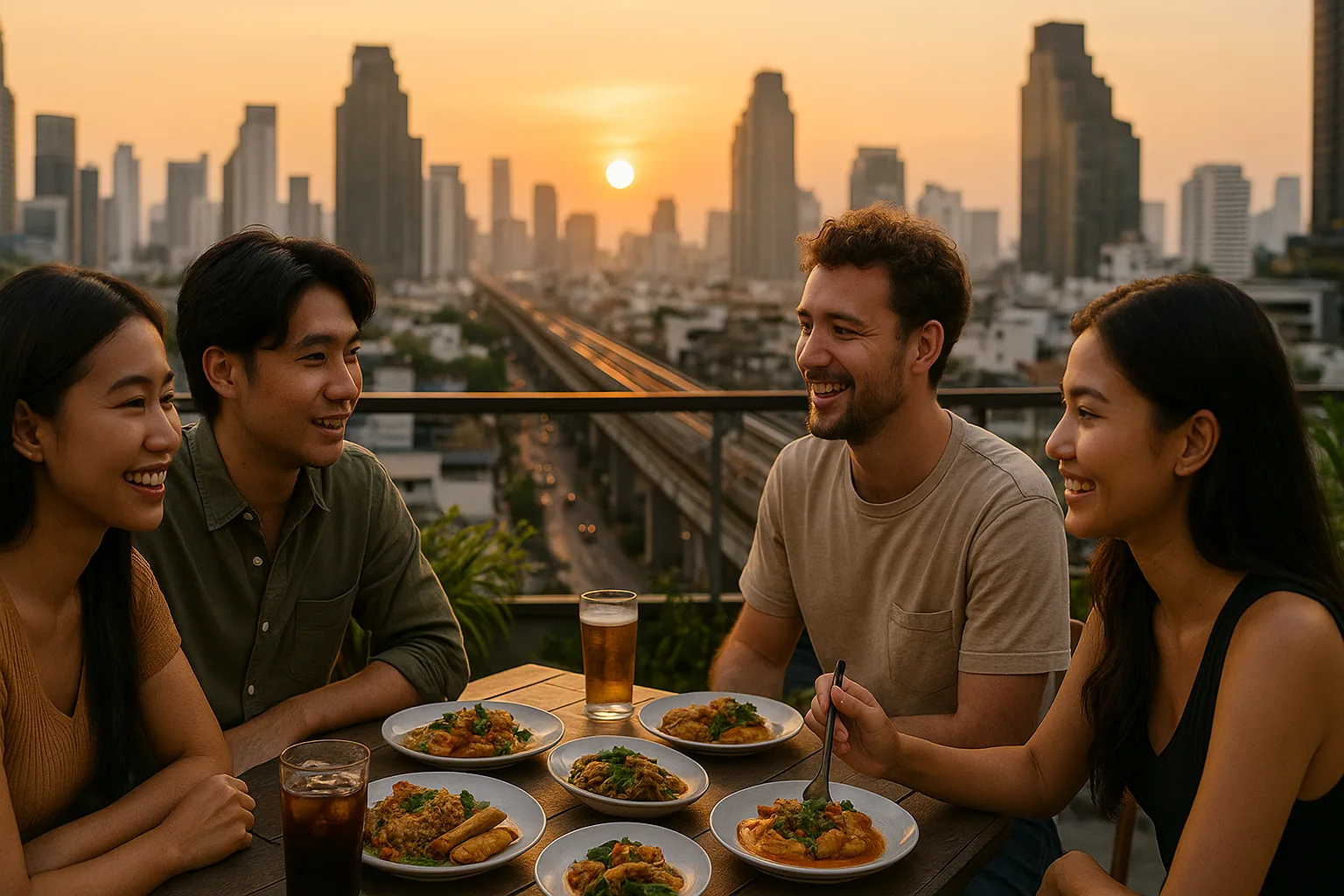 Friends dining on rooftop terrace at sunset with Thai food and Bangkok skyline backdrop, representing lifestyle choices