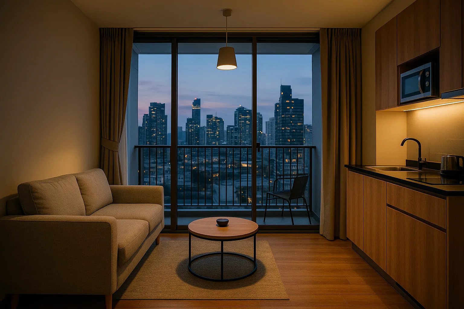 Modern studio apartment with Bangkok city skyline view at dusk, representing affordable urban living in Thailand