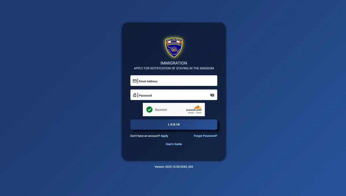 Screenshot of Thai Immigration online 90-day report system showing the filing form and submission interface