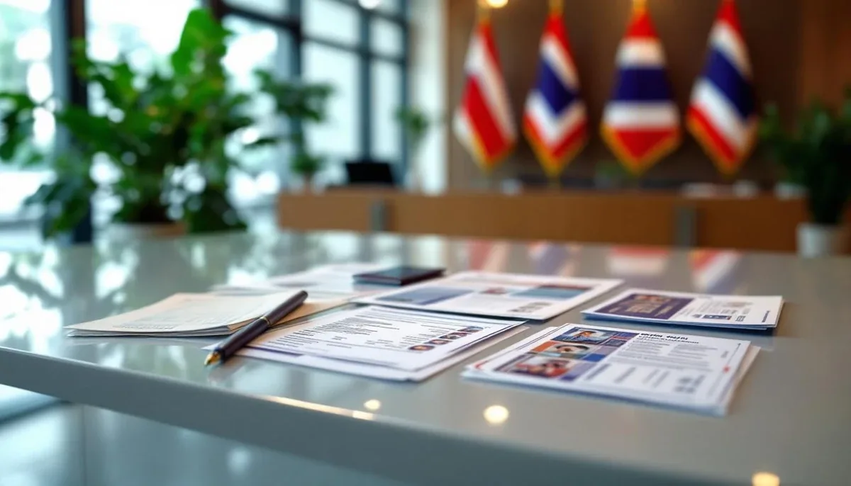 Thai embassy visa application counter with documents and passport photos laid out, professional setting