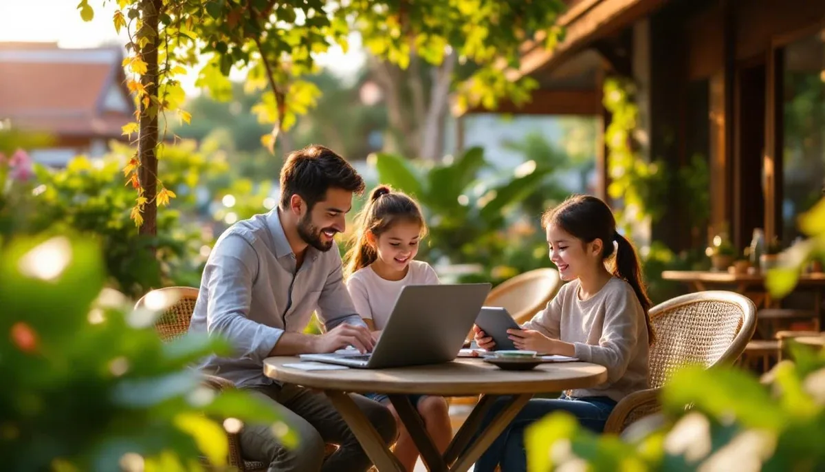 Family with laptops and tablets working together at a cafe terrace in Thailand, tropical garden setting, representing digital nomad family lifestyle