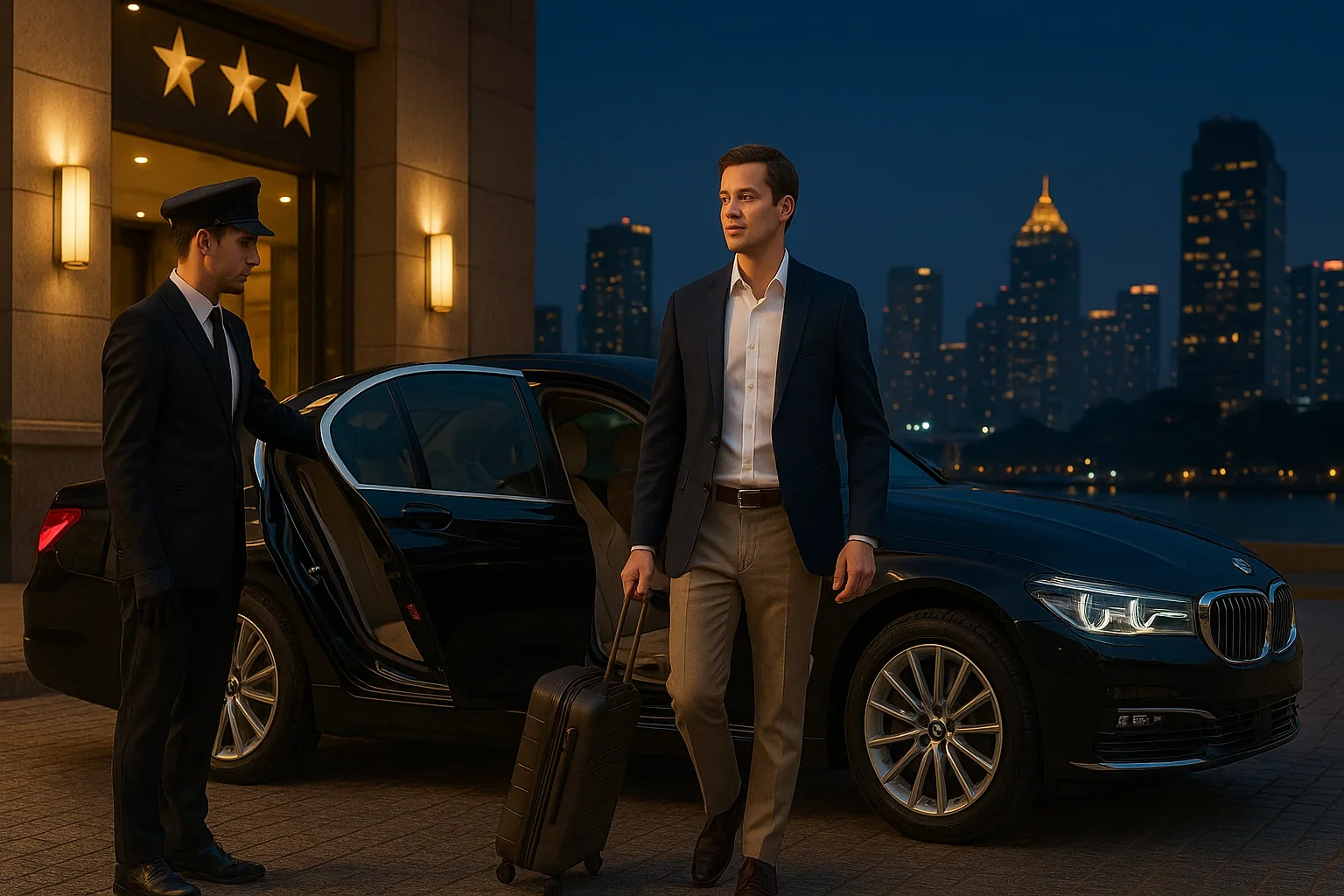 Thailand Privilege member being welcomed by hotel concierge after chauffeured transfer