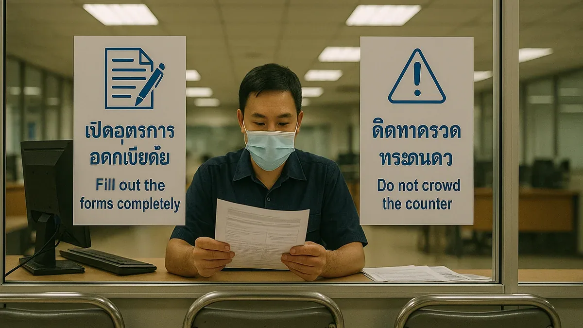 Immigration officer at service counter reviewing documents with bilingual Thai-English signs about filling out forms and not crowding the counter
