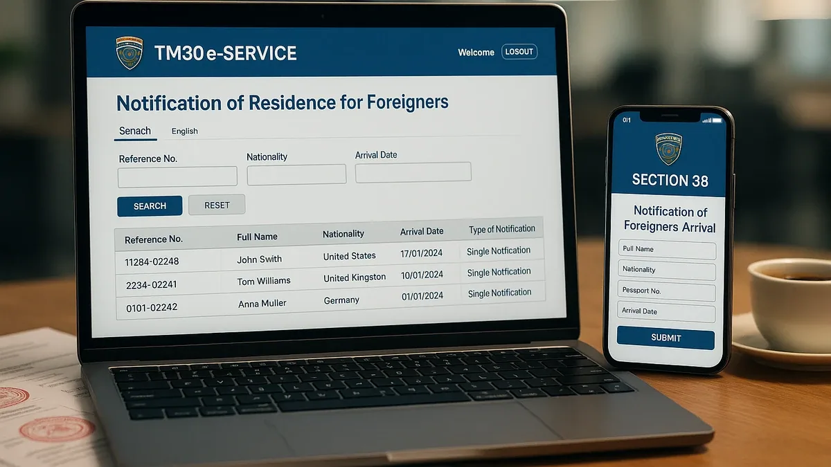 Laptop showing Thailand's TM30 online filing portal beside TM30 paperwork