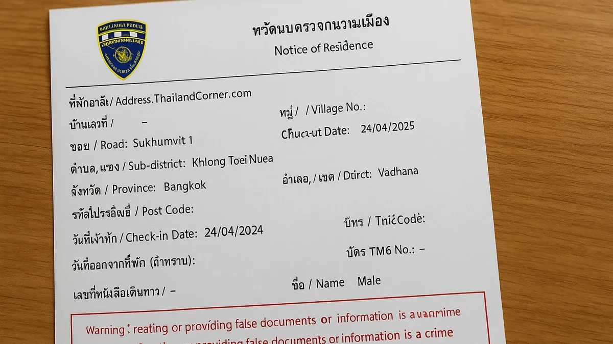 Example of TM30 confirmation receipt showing property address, foreigner details, and immigration office stamp